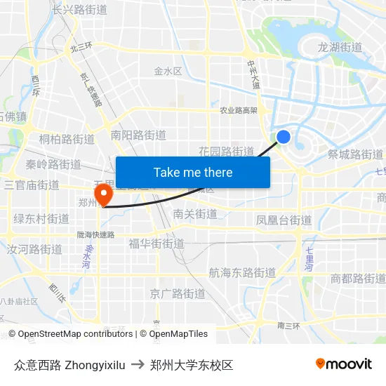 众意西路 Zhongyixilu to 郑州大学东校区 map