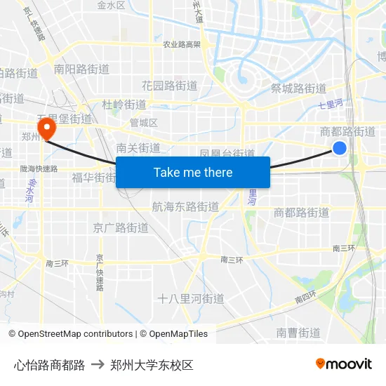 心怡路商都路 to 郑州大学东校区 map