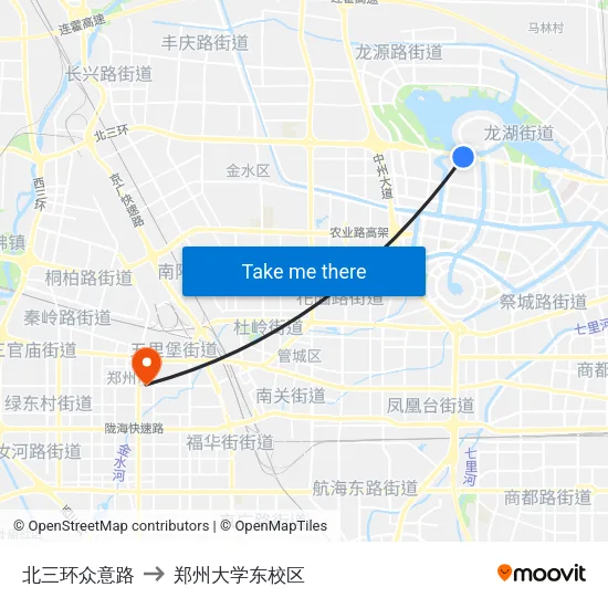 北三环众意路 to 郑州大学东校区 map