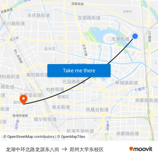 龙湖中环北路龙源东八街 to 郑州大学东校区 map