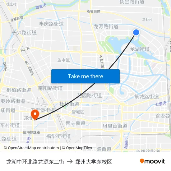 龙湖中环北路龙源东二街 to 郑州大学东校区 map