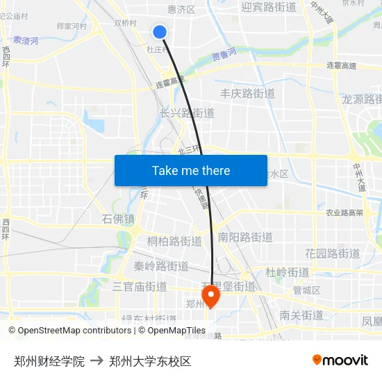 郑州财经学院 to 郑州大学东校区 map
