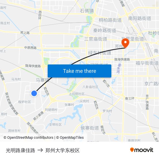 光明路康佳路 to 郑州大学东校区 map