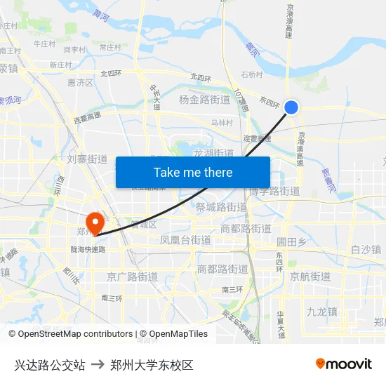兴达路公交站 to 郑州大学东校区 map