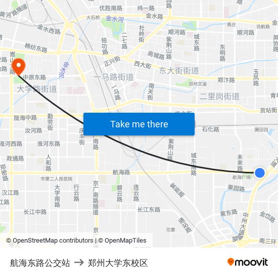 航海东路公交站 to 郑州大学东校区 map
