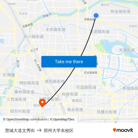 慧城大道文秀街 to 郑州大学东校区 map