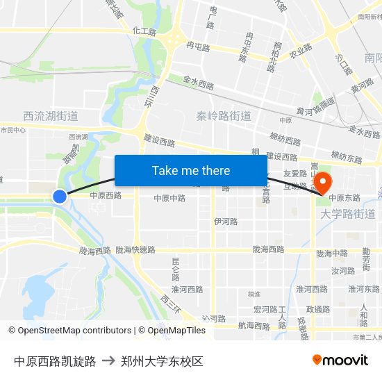 中原西路凯旋路 to 郑州大学东校区 map