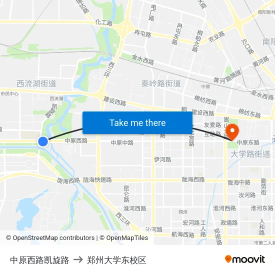 中原西路凯旋路 to 郑州大学东校区 map