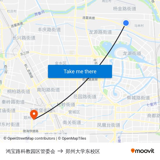 鸿宝路科教园区管委会 to 郑州大学东校区 map