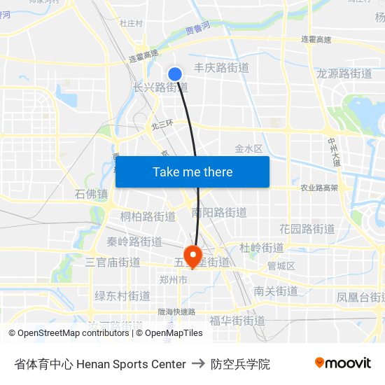 省体育中心 Henan Sports Center to 防空兵学院 map