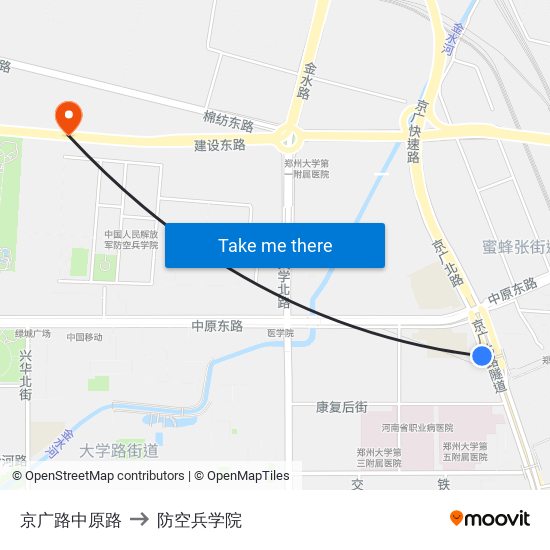 京广路中原路 to 防空兵学院 map