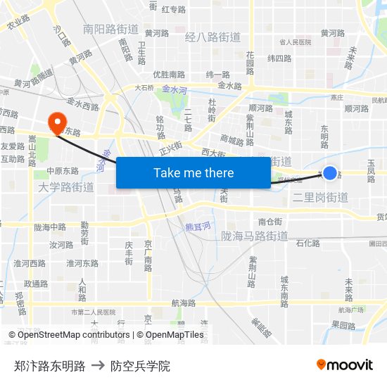 郑汴路东明路 to 防空兵学院 map