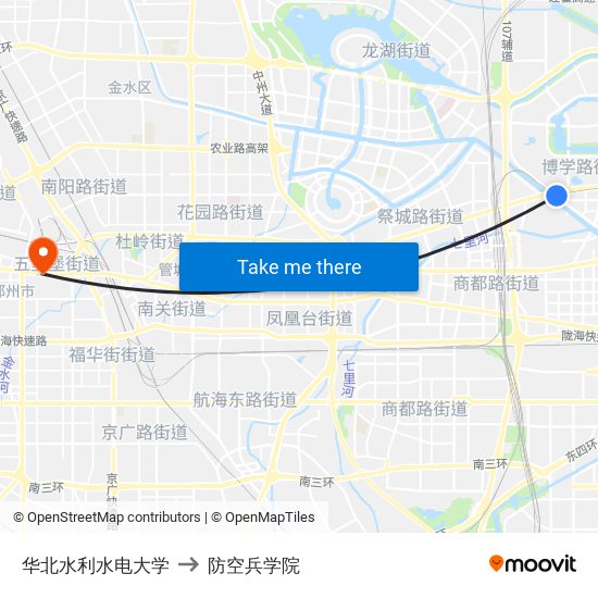华北水利水电大学 to 防空兵学院 map