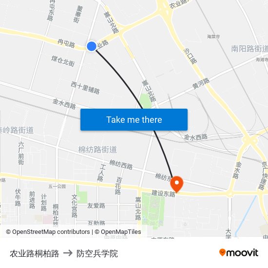 农业路桐柏路 to 防空兵学院 map