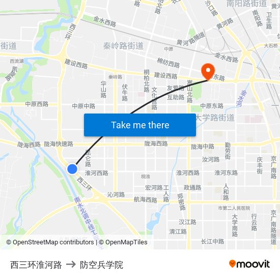 西三环淮河路 to 防空兵学院 map