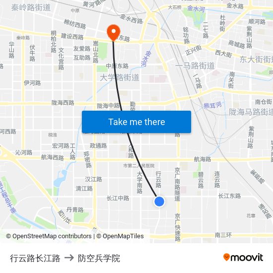 行云路长江路 to 防空兵学院 map