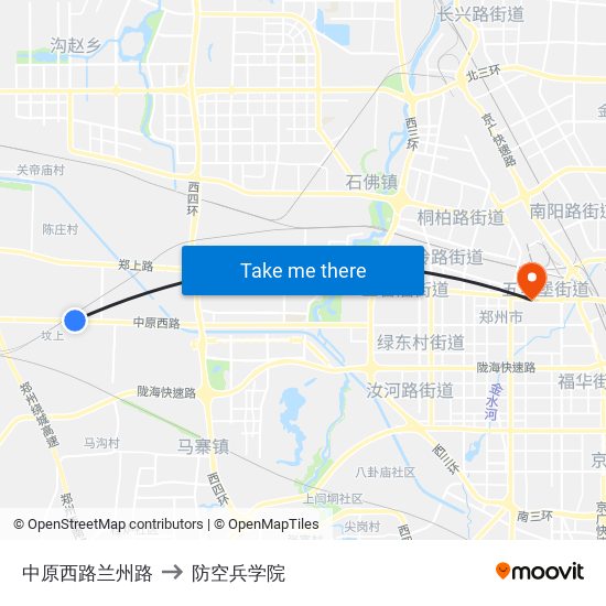 中原西路兰州路 to 防空兵学院 map