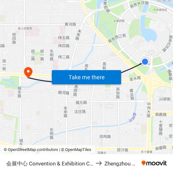 会展中心 Convention & Exhibition Center to Zhengzhou 郑州 map