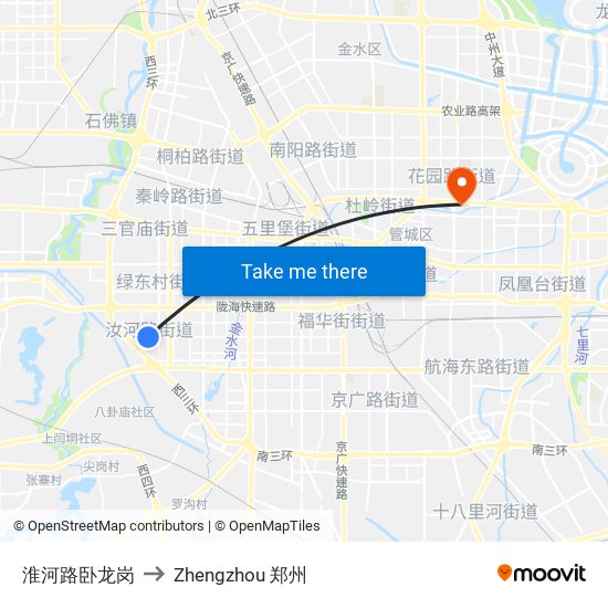 淮河路卧龙岗 to Zhengzhou 郑州 map