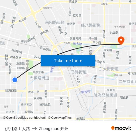 伊河路工人路 to Zhengzhou 郑州 map