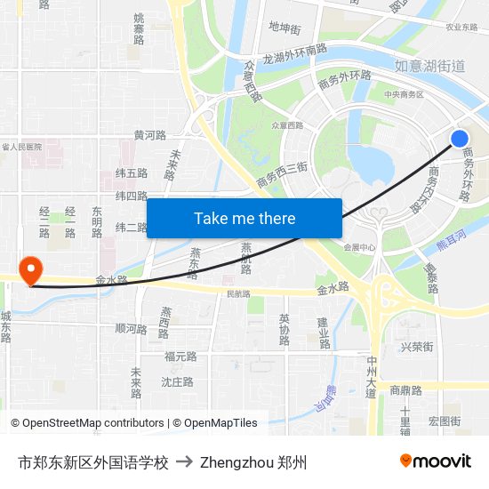 市郑东新区外国语学校 to Zhengzhou 郑州 map