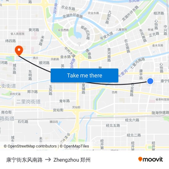 康宁街东风南路 to Zhengzhou 郑州 map