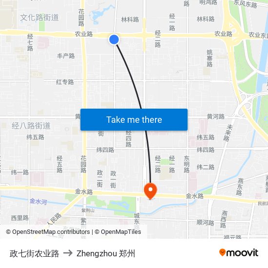 政七街农业路 to Zhengzhou 郑州 map