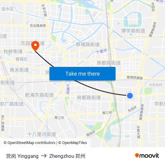 营岗 Yinggang to Zhengzhou 郑州 map