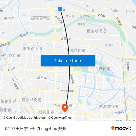 G107王庄东 to Zhengzhou 郑州 map