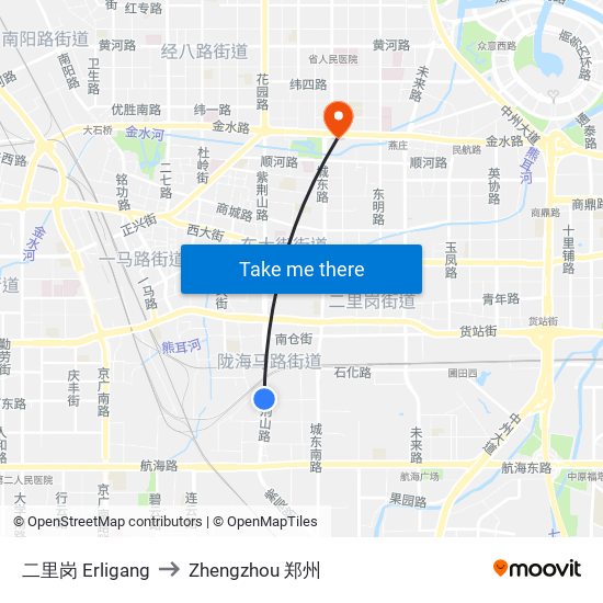 二里岗 Erligang to Zhengzhou 郑州 map