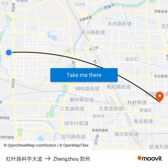 红叶路科学大道 to Zhengzhou 郑州 map