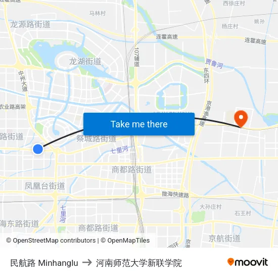 民航路 Minhanglu to 河南师范大学新联学院 map