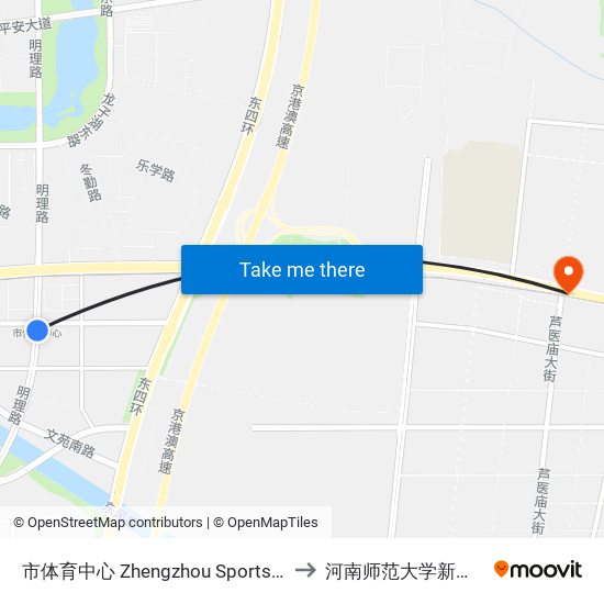 市体育中心 Zhengzhou Sports Center to 河南师范大学新联学院 map