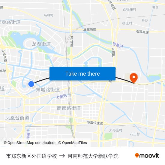 市郑东新区外国语学校 to 河南师范大学新联学院 map