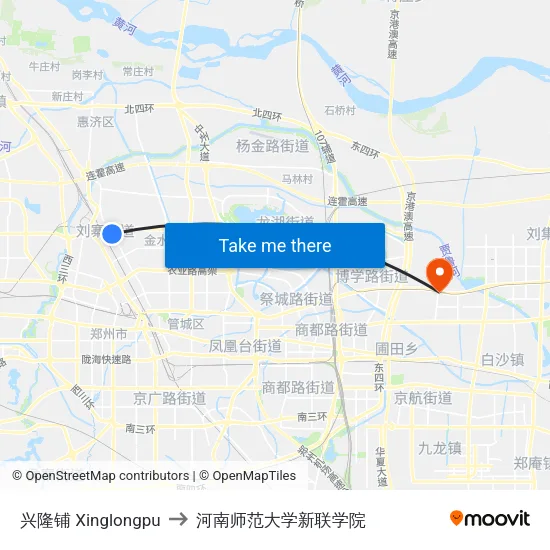 兴隆铺 Xinglongpu to 河南师范大学新联学院 map