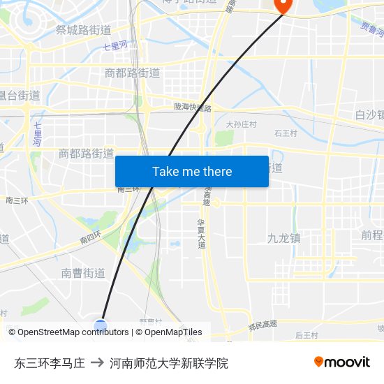 东三环李马庄 to 河南师范大学新联学院 map