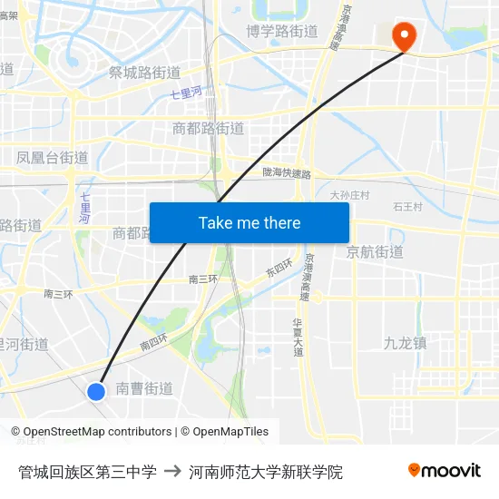 管城回族区第三中学 to 河南师范大学新联学院 map