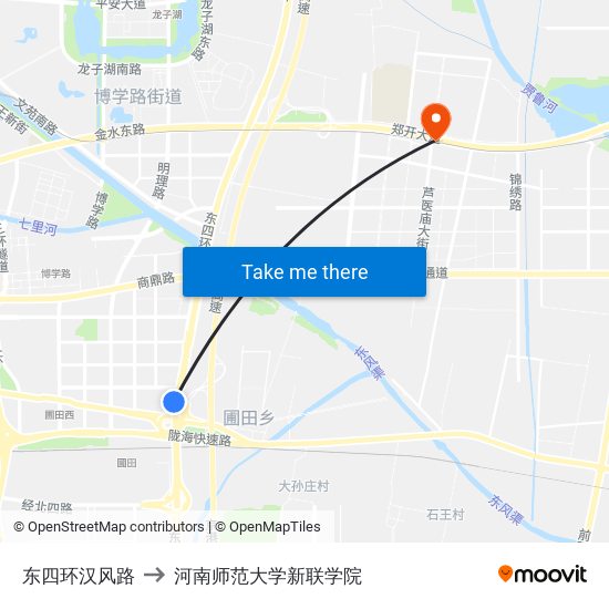 东四环汉风路 to 河南师范大学新联学院 map