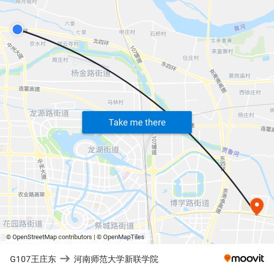 G107王庄东 to 河南师范大学新联学院 map