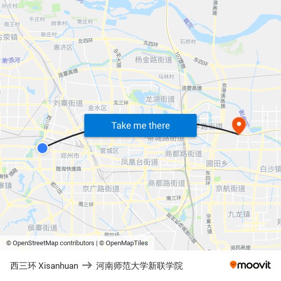 西三环 Xisanhuan to 河南师范大学新联学院 map