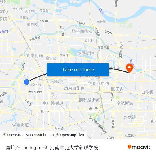 秦岭路 Qinlinglu to 河南师范大学新联学院 map