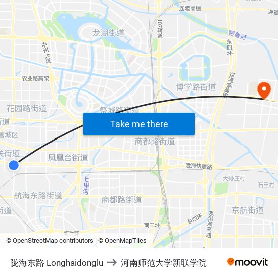 陇海东路 Longhaidonglu to 河南师范大学新联学院 map