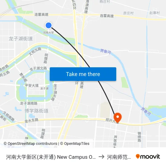 河南大学新区(未开通) New Campus Of Henan University(Under Construction) to 河南师范大学新联学院 map