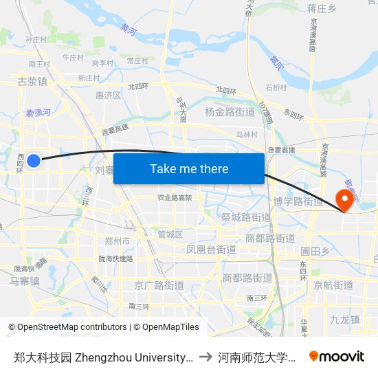 郑大科技园 Zhengzhou University Sci-Tech Park to 河南师范大学新联学院 map