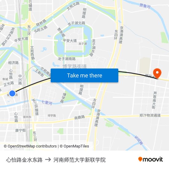 心怡路金水东路 to 河南师范大学新联学院 map