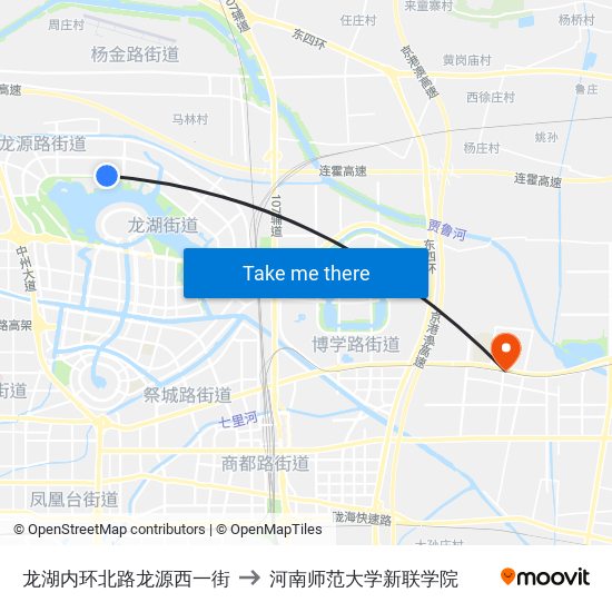 龙湖内环北路龙源西一街 to 河南师范大学新联学院 map