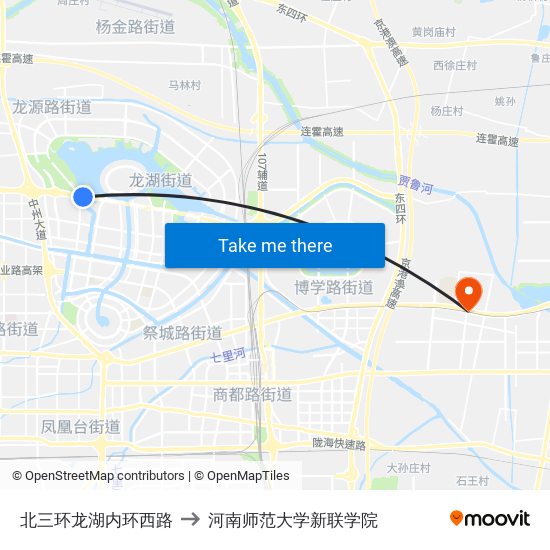 北三环龙湖内环西路 to 河南师范大学新联学院 map