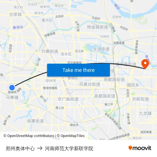 郑州奥体中心 to 河南师范大学新联学院 map