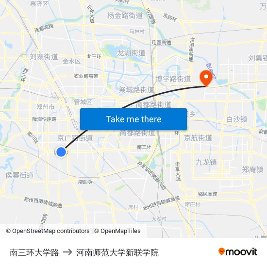 南三环大学路 to 河南师范大学新联学院 map