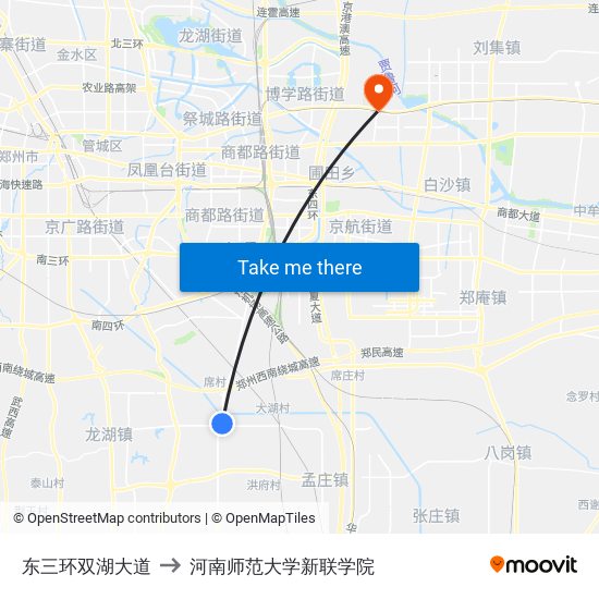 东三环双湖大道 to 河南师范大学新联学院 map